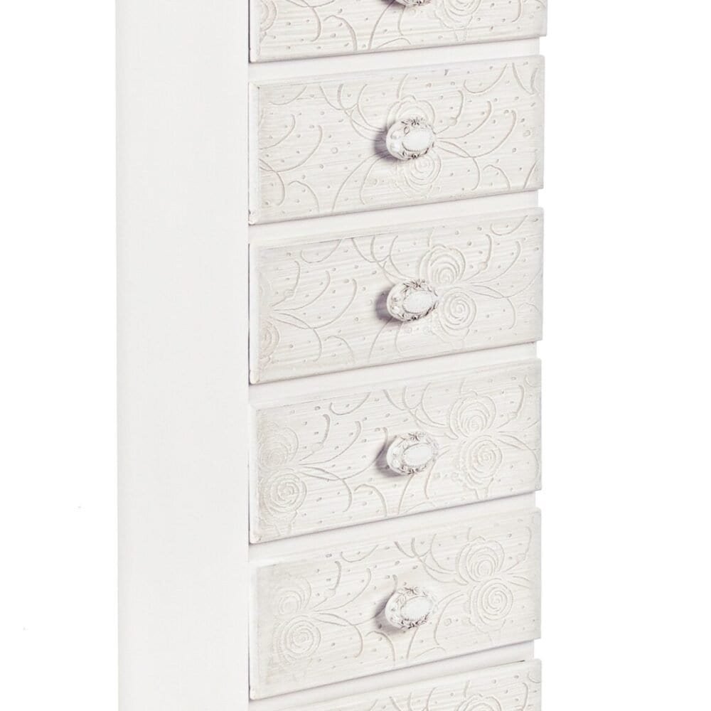 Cassettiera bianca in legno con decori floreali e maniglie Artigianali, stile vintage.