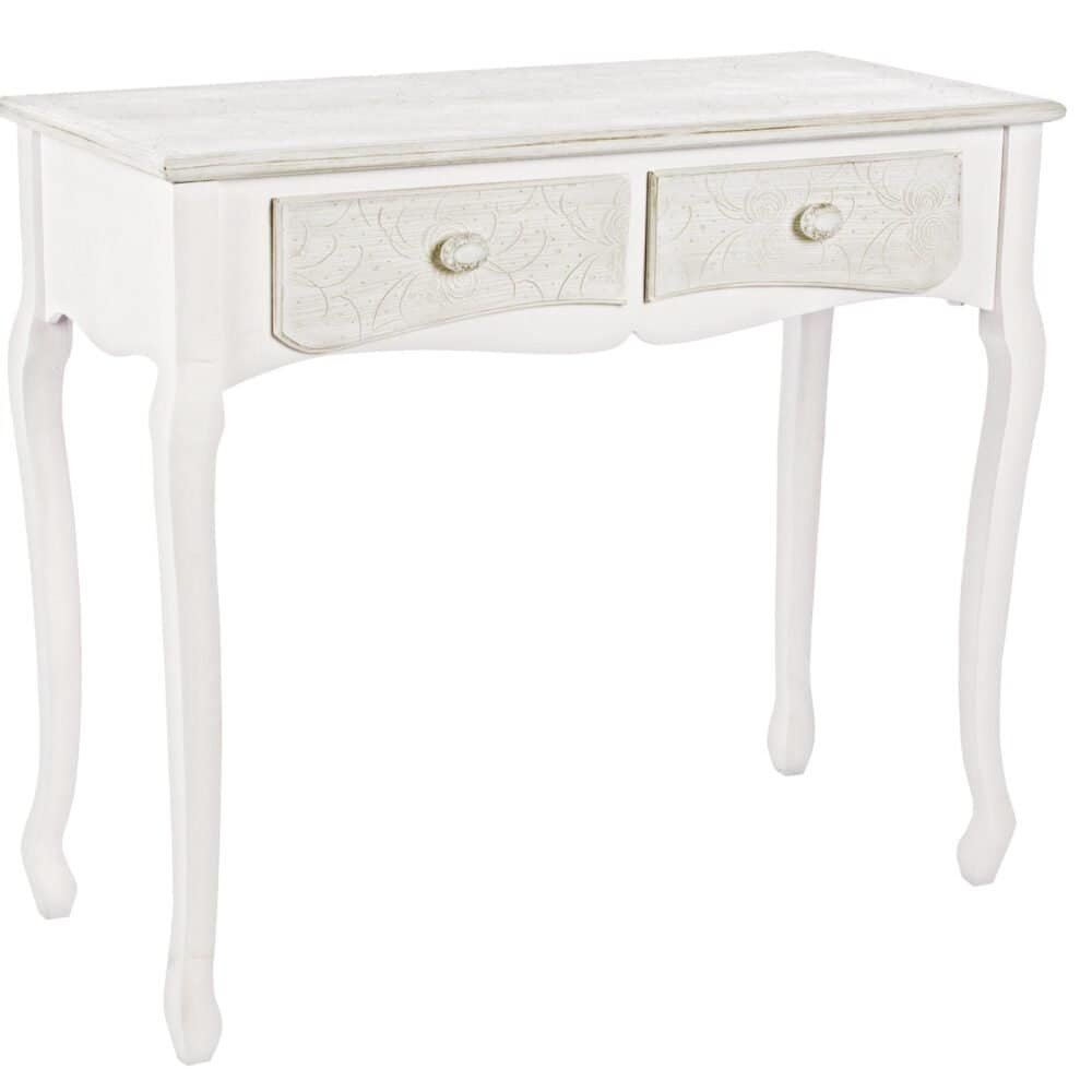 Testo alternativo: Tavolo decorativo in stile shabby chic bianco, perfetto per arredamenti romantici e vintage.
