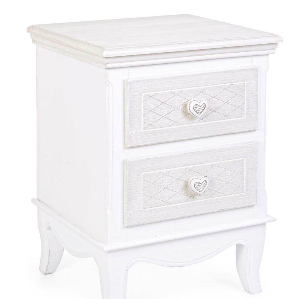 Comò in stile shabby con due cassetti decorativi, cuore in tessuto, finitura vintage bianca.