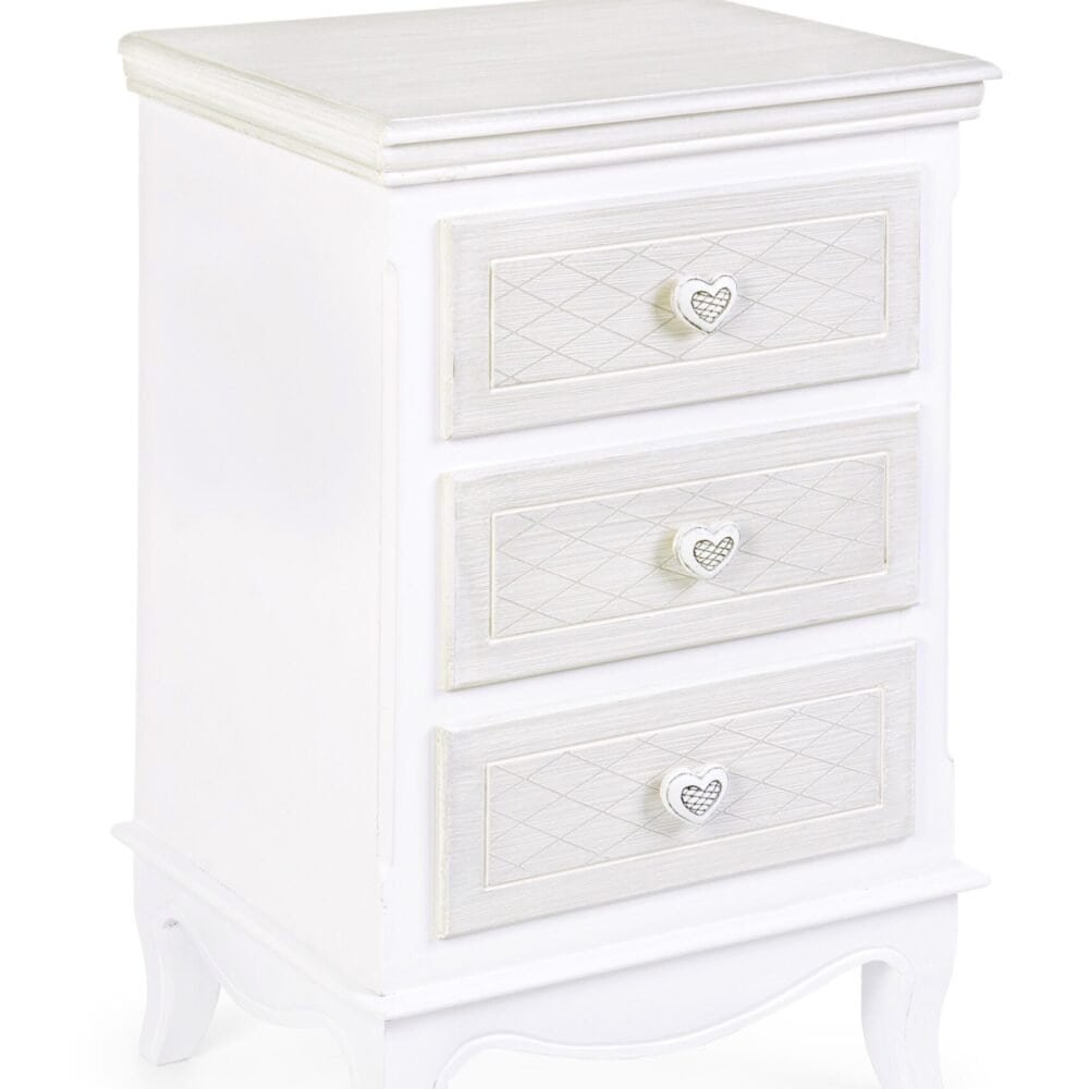 Comò in legno bianco con dettagli romantici e cuori decorativi.