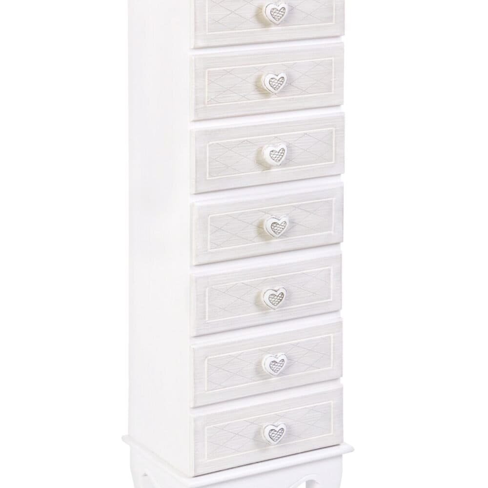 Cameretta stile shabby chic per bambini, armadio a 7 cassetti con cuori decorativi, design romantico e delicato.