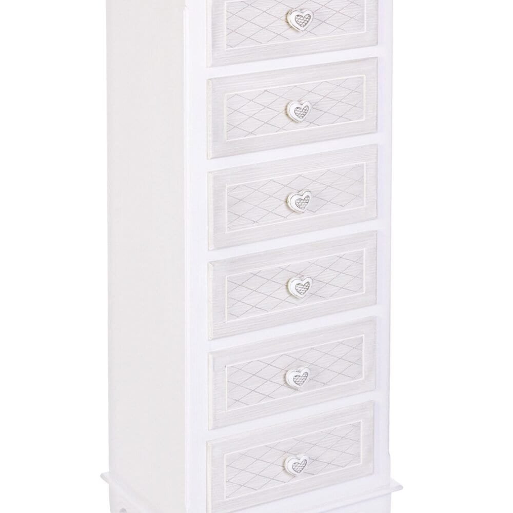 Cassettiera alta bianca con cuore e dettagli shabby chic, perfetta per arredamento romantico.