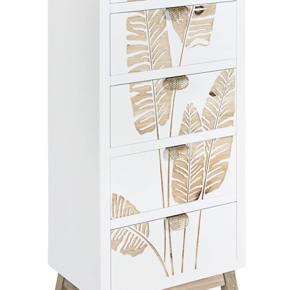 Cassettiera bianca con foglie tropicali eleganti, stile naturale e moderno, perfetta per interni raffinati.