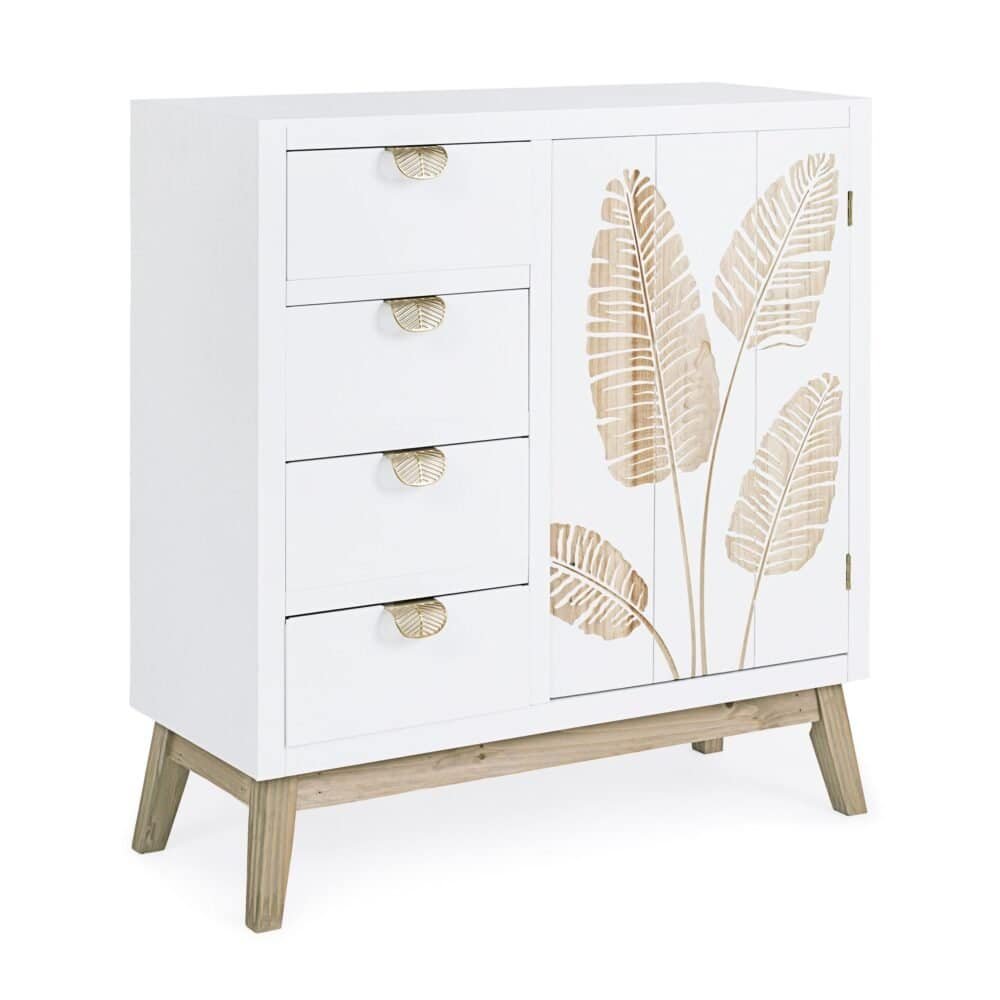 Comò moderno con ante decorate foglie tropicali beige.