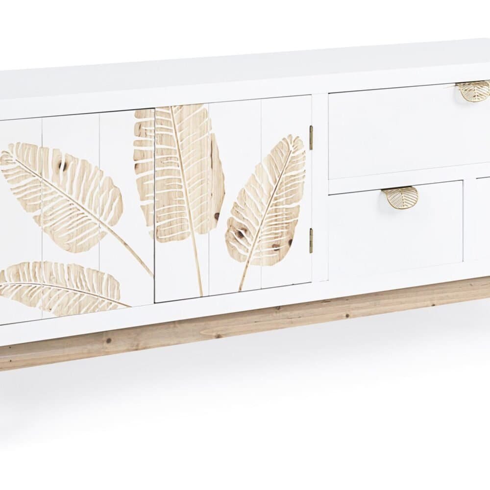 Mobili da soggiorno con ante a foglia di palma in legno naturale e finitura bianca elegante.