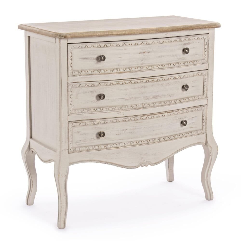 Comò in stile shabby chic con 3 cassetti e finitura invecchiata, arredamento elegante e vintage per la casa.