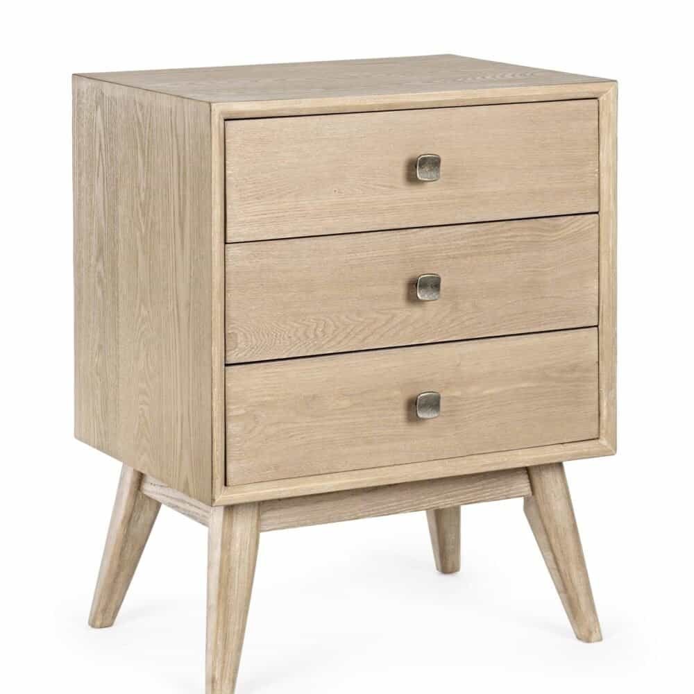 Comodino in legno naturale con tre cassetti e stile moderno, ideale per arredo casa e camera da letto.