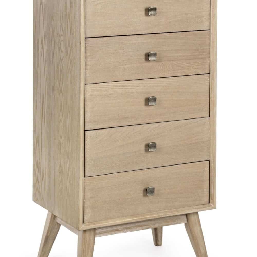 Cassettiera moderna in legno naturale, perfetta per arredi eleganti e funzionali.