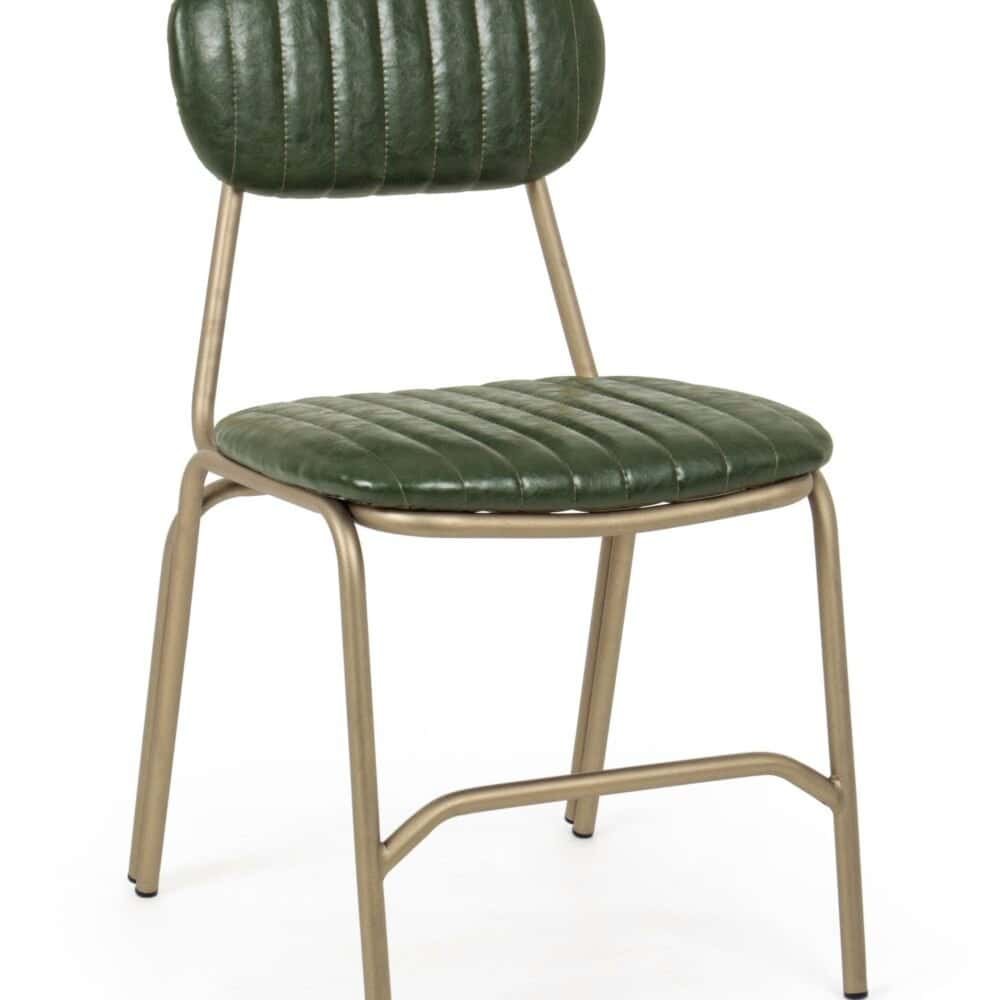 Sedia in pelle verde con struttura in metallo, stile vintage e design elegante.