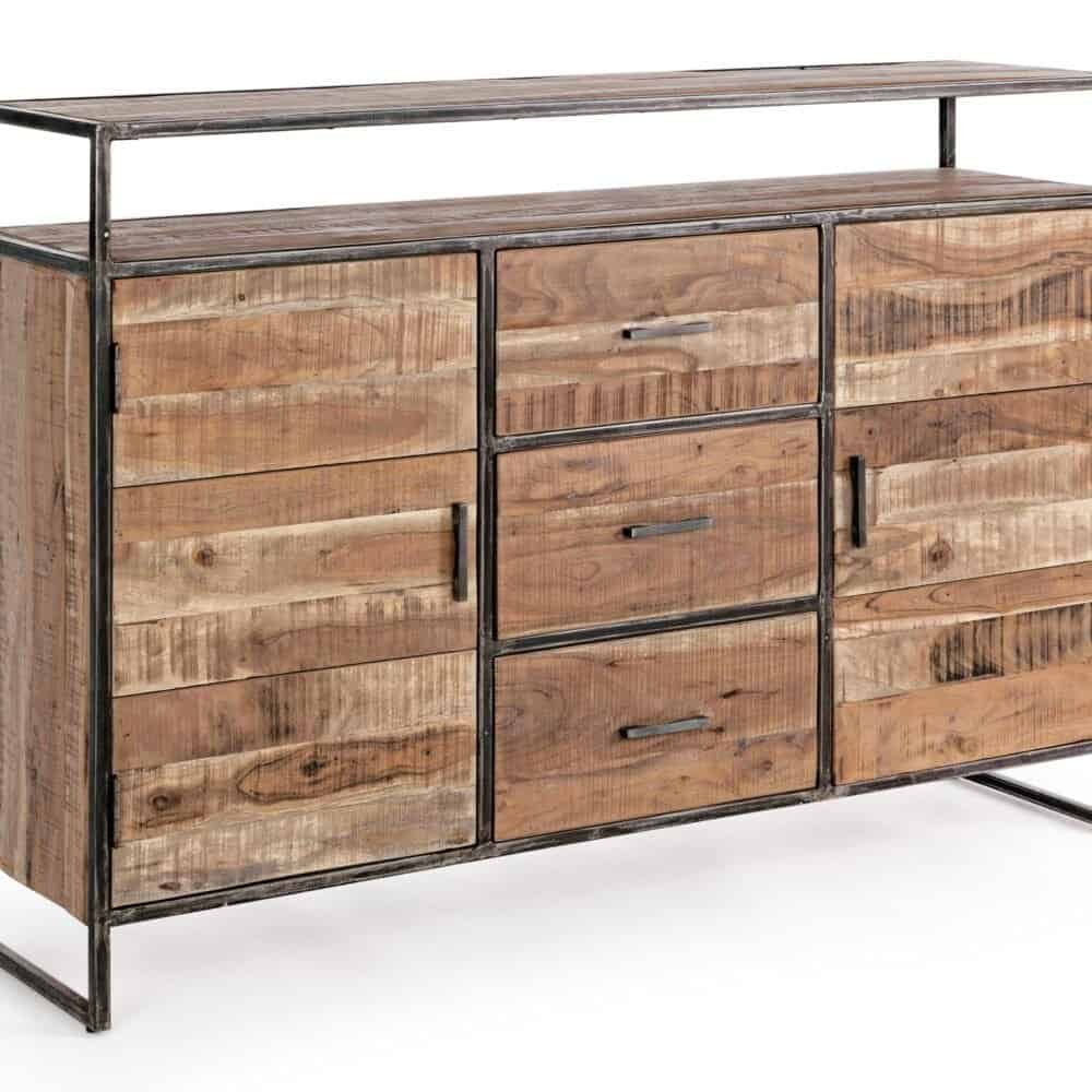 Comò in legno massello con struttura metallica, stile industriale e design rustico elegante.