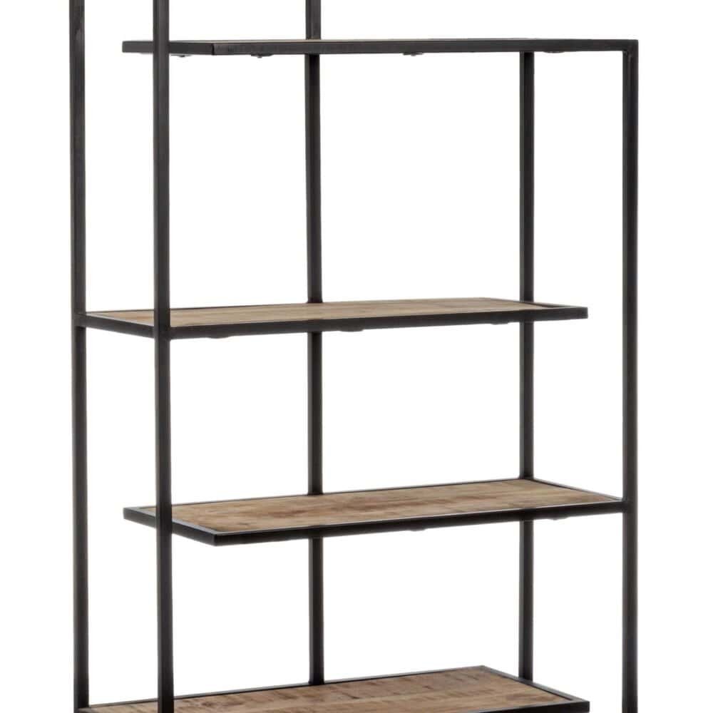Libreria industriale con struttura metallica nero e ripiani in legno, ideale per arredare soggiorni e studi.