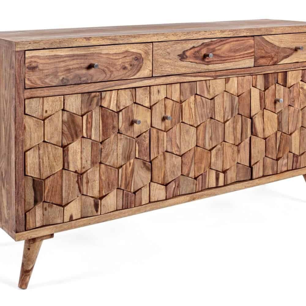 Cassettiera in legno con motivi a nido d'ape, stile rustico e moderno, ideale per soggiorno o camera da letto.