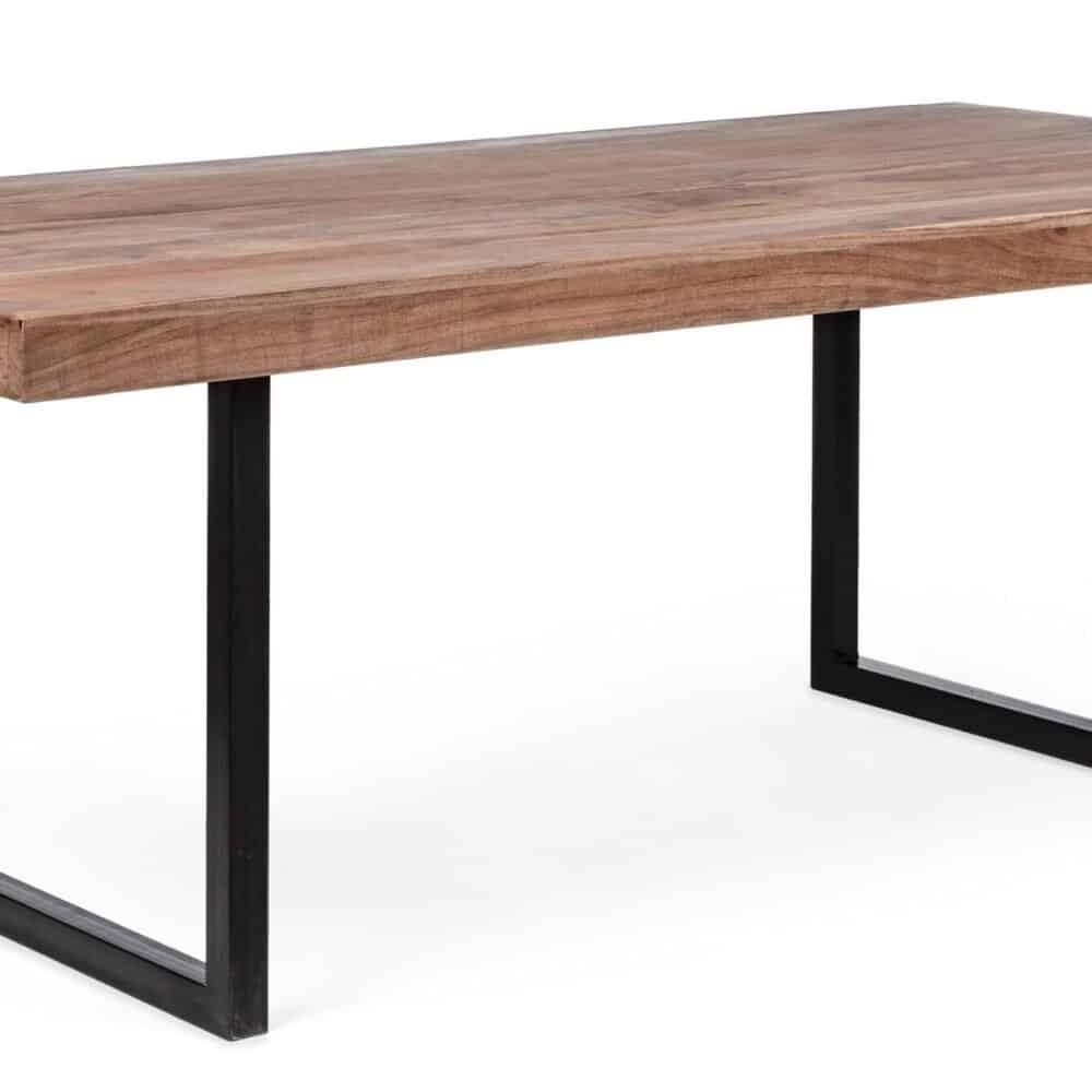 Piano in legno massello con gambe in metallo nero, stile industriale e design moderno.