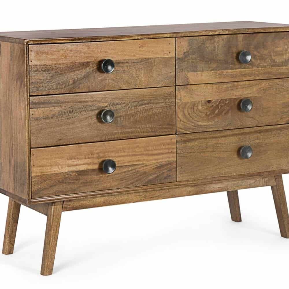 Cassettiera moderna in legno naturale con maniglie nere, stile vintage e design elegante.