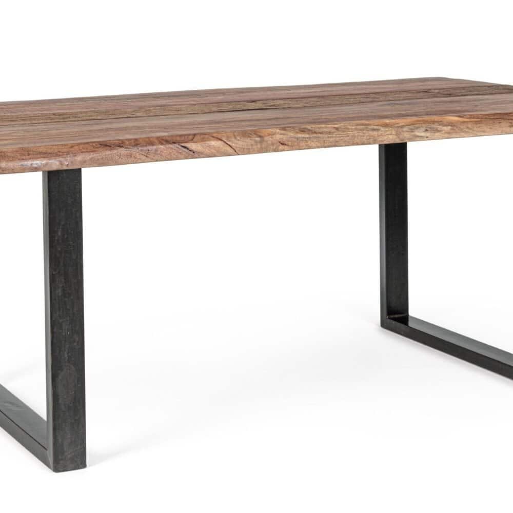 Tavolo in legno con gambe in metallo, perfetto per arredi industrial chic e moderni.
