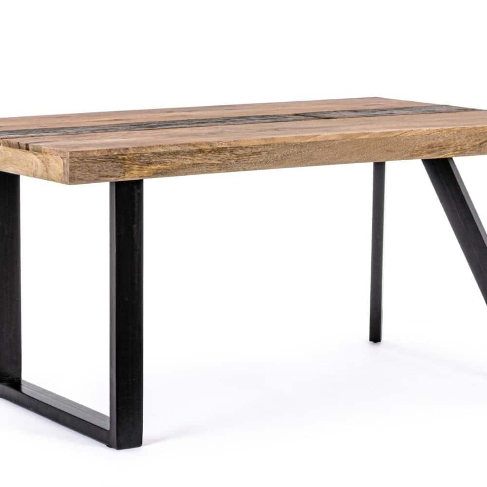 Tavolo in legno massello con struttura in metallo nero, ideale per arredo moderno e vintage di casa e ufficio.
