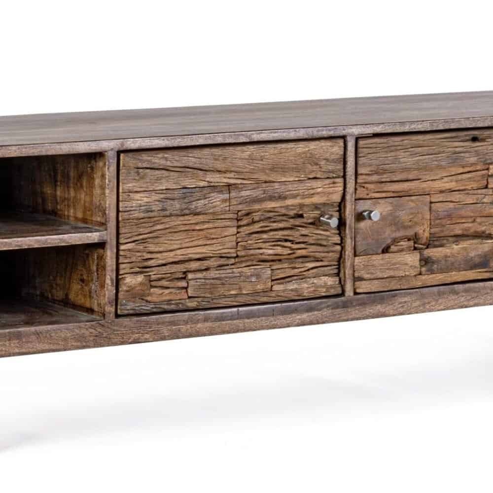 Mobili porta TV in legno naturale con ripiani e cassetto rustico. Perfetto per arredi eleganti e funzionali.