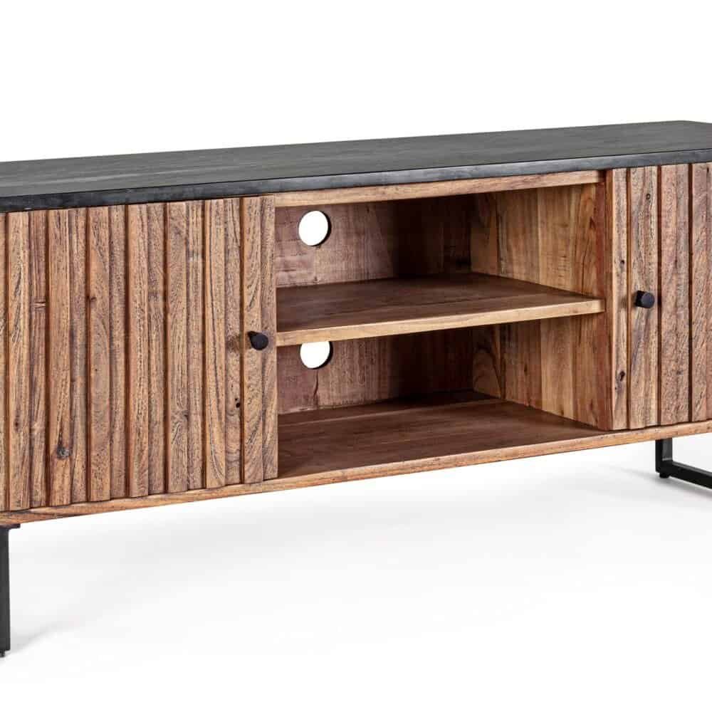 Mensola TV in legno massello con ripiano e porte a battente in stile rustico.