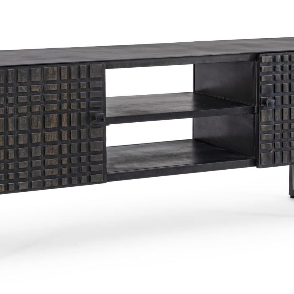 Elegante mobile TV in legno scuro con dettagli a griglia, design moderno e pratico per arredare con stile.