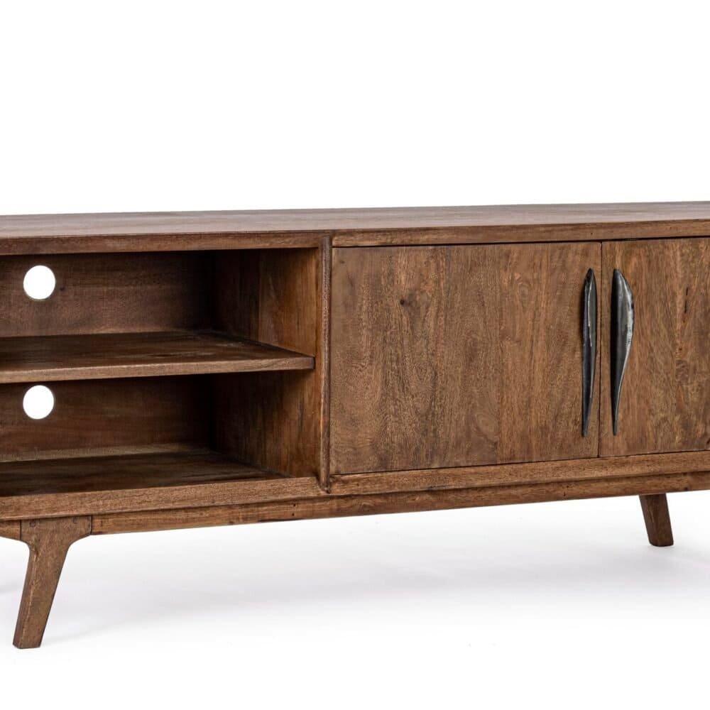 Credenza TV in legno vintage, con spazio per dispositivi e porte stondate nere.
