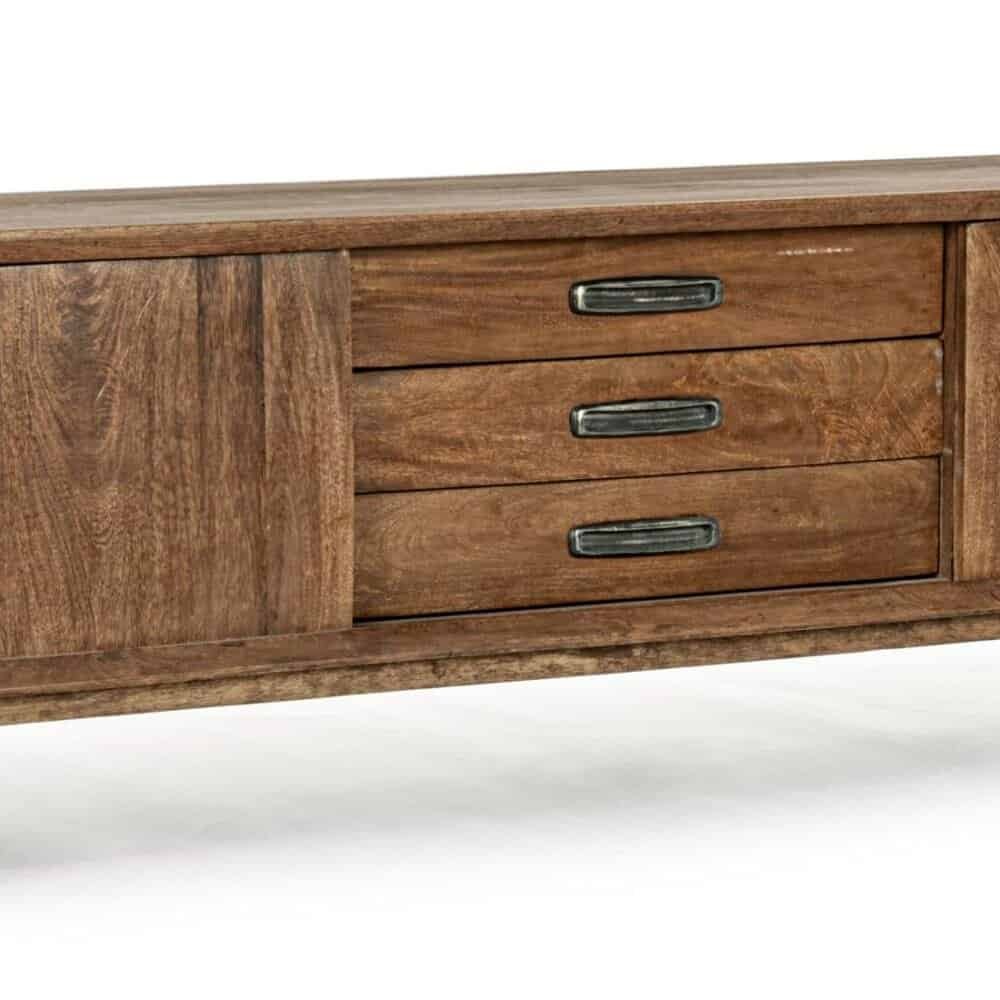 Mobiletto in legno massello con 3 cassetti e pannelli laterali in stile vintage.