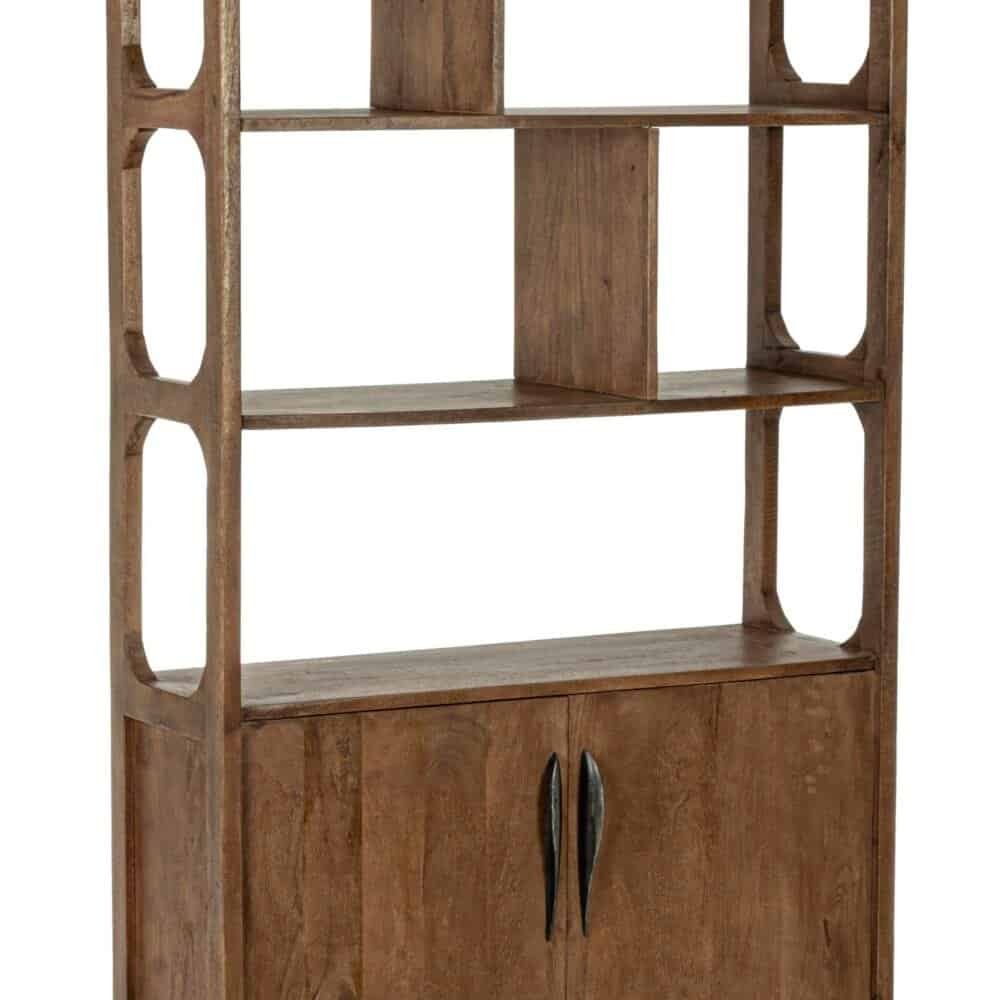 Mensola in legno con scomparti e armadietto, stile rustico per arredamento casa.