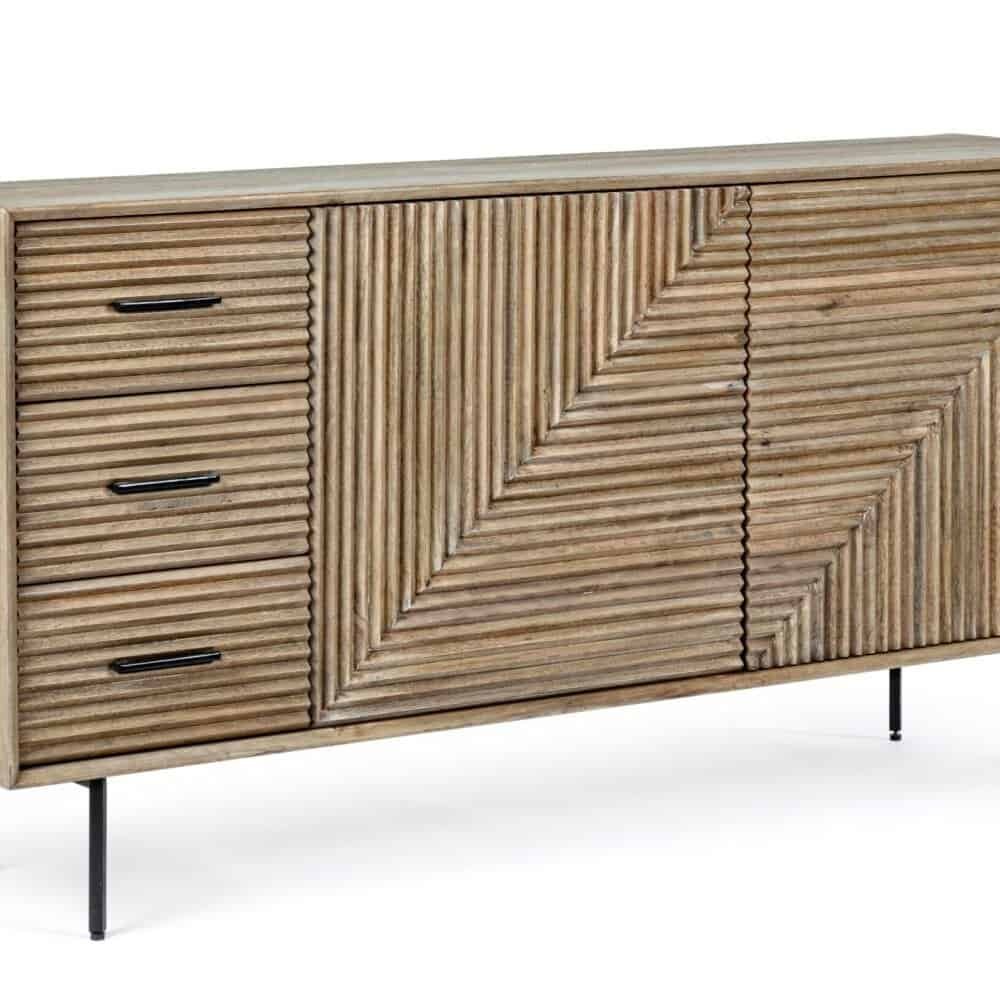 Comodino moderno in legno con ante e cassetti con design a righe e linee geometriche.