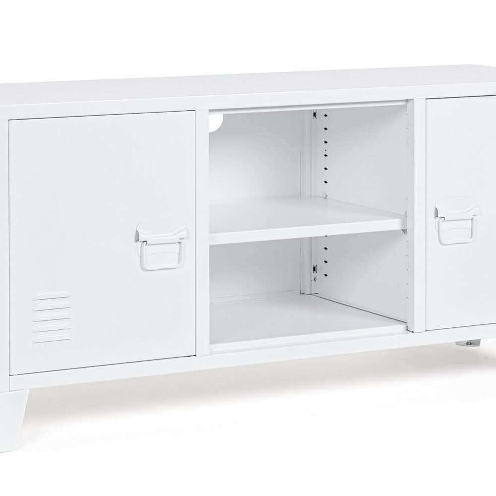 Alt text: Mobile in stile industriale bianco con doppio scomparto e ripiano, ideale per uffici e ambienti domestici.