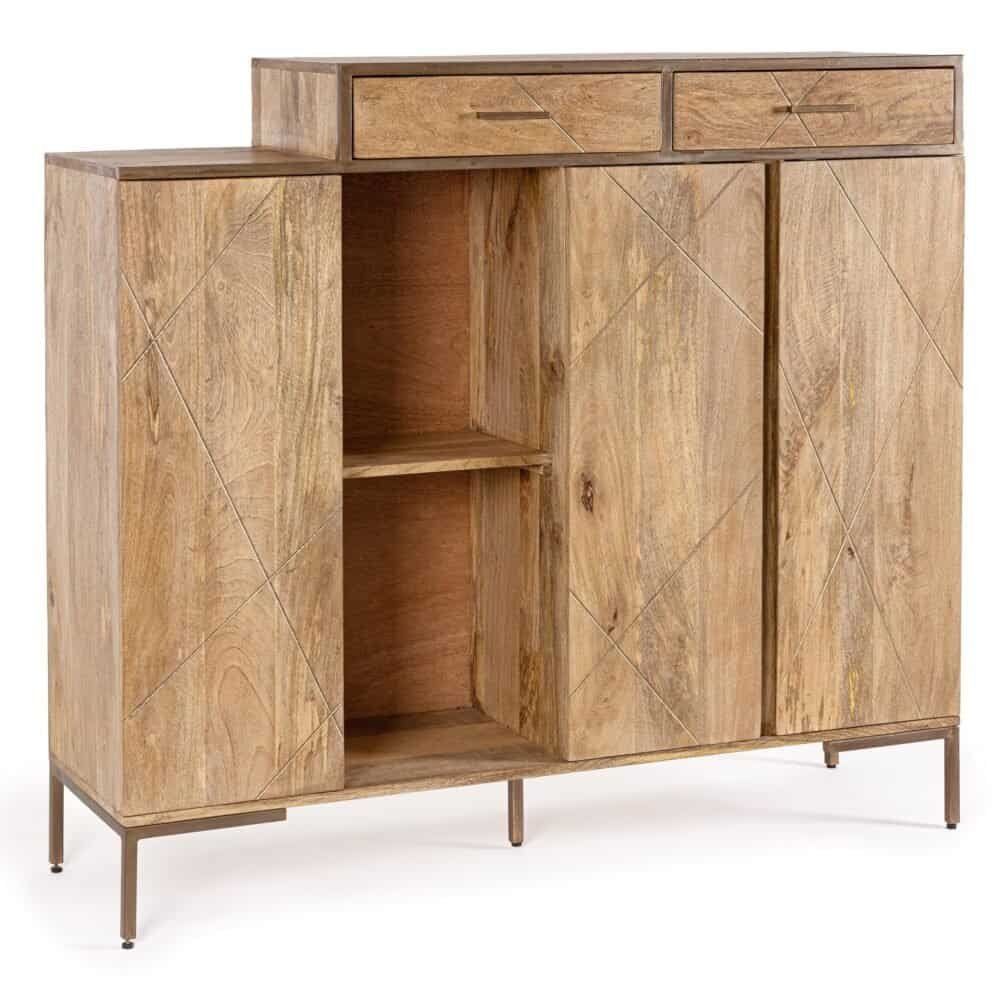 Mobile in legno naturale con dettagli geometrici, perfetto per arredo moderno.