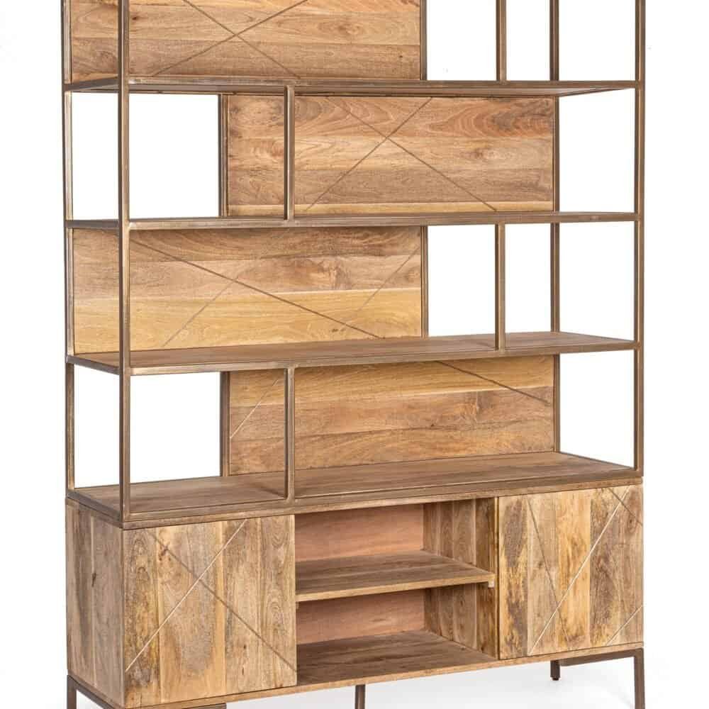 Libreria in legno naturale con design moderno, mobili multifunzionali e stile unico.