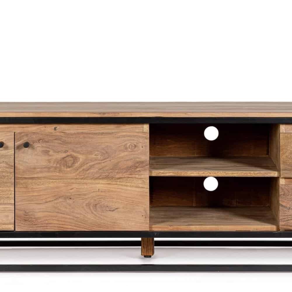 Mobile porta tv in legno massiccio con struttura in metallo nero, design industriale moderno.