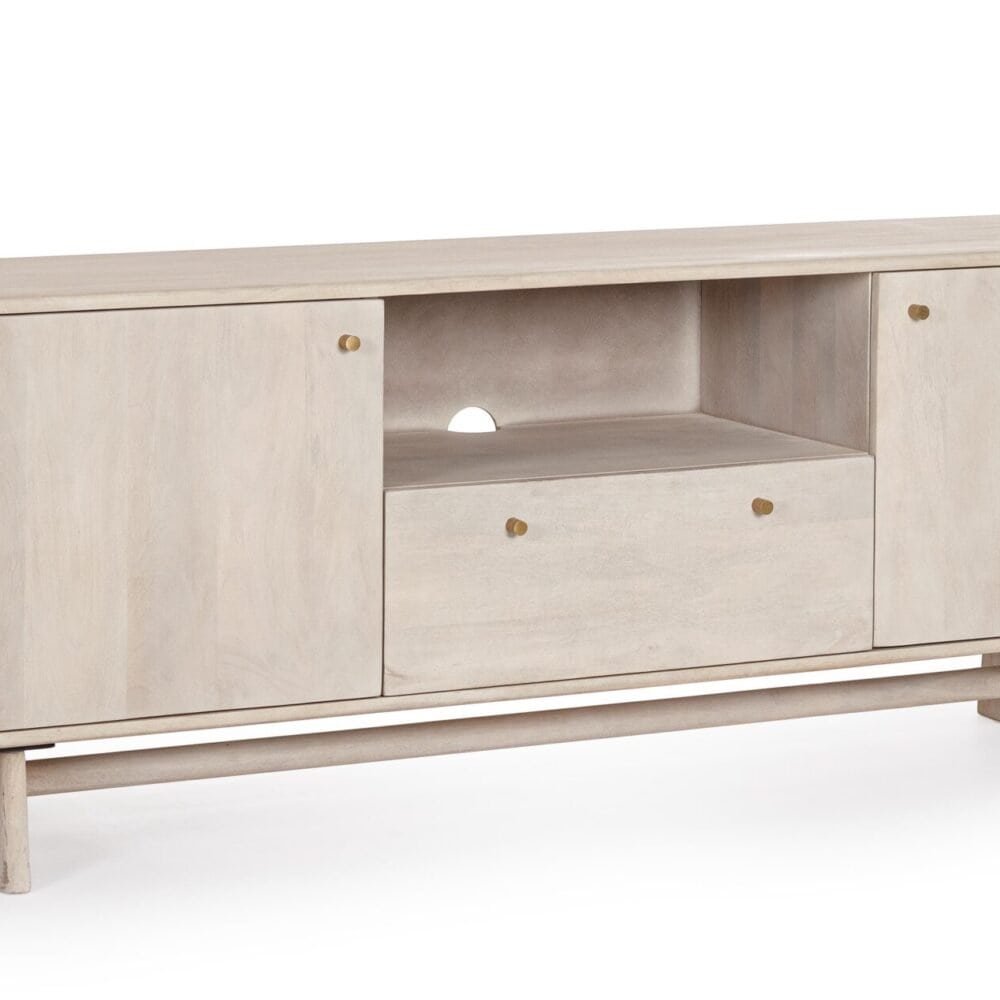 MOBILE TV in legno di noce massiccio con scomparti e cassetti, stile minimalista ed elegante.