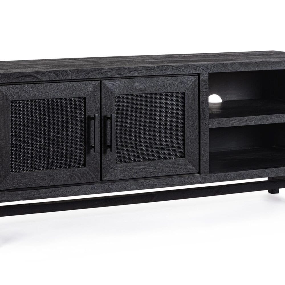 Armadio TV in legno nero con ante in metallo e scaffali aperti, perfetto per arredare soggiorni moderni.