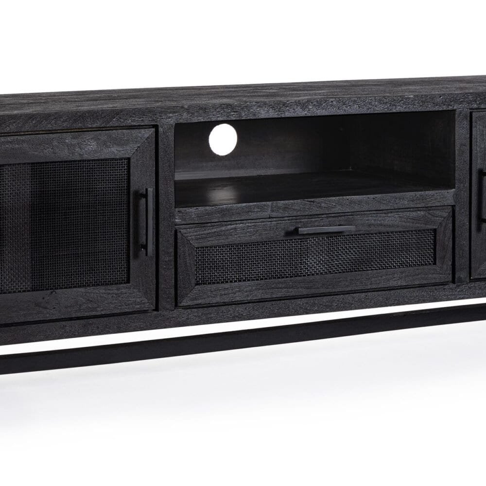 Mobile porta TV in legno nero con scomparto aperto e ante in rete metallica.