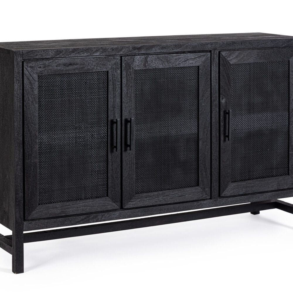 Buffet in legno scuro con ante in metallo, mobile design moderno e funzionale.