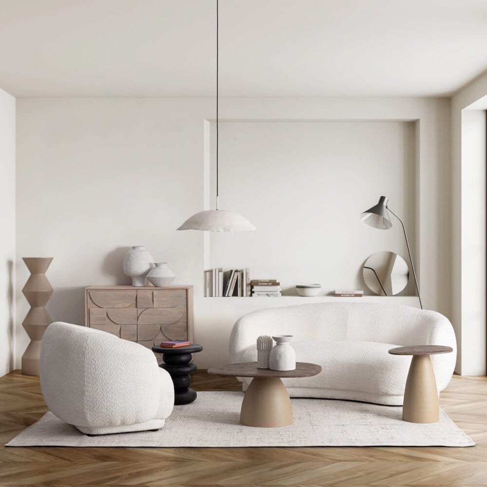 Soggiorno moderno con arredi scandinavi e decorazioni in stile minimal chic.