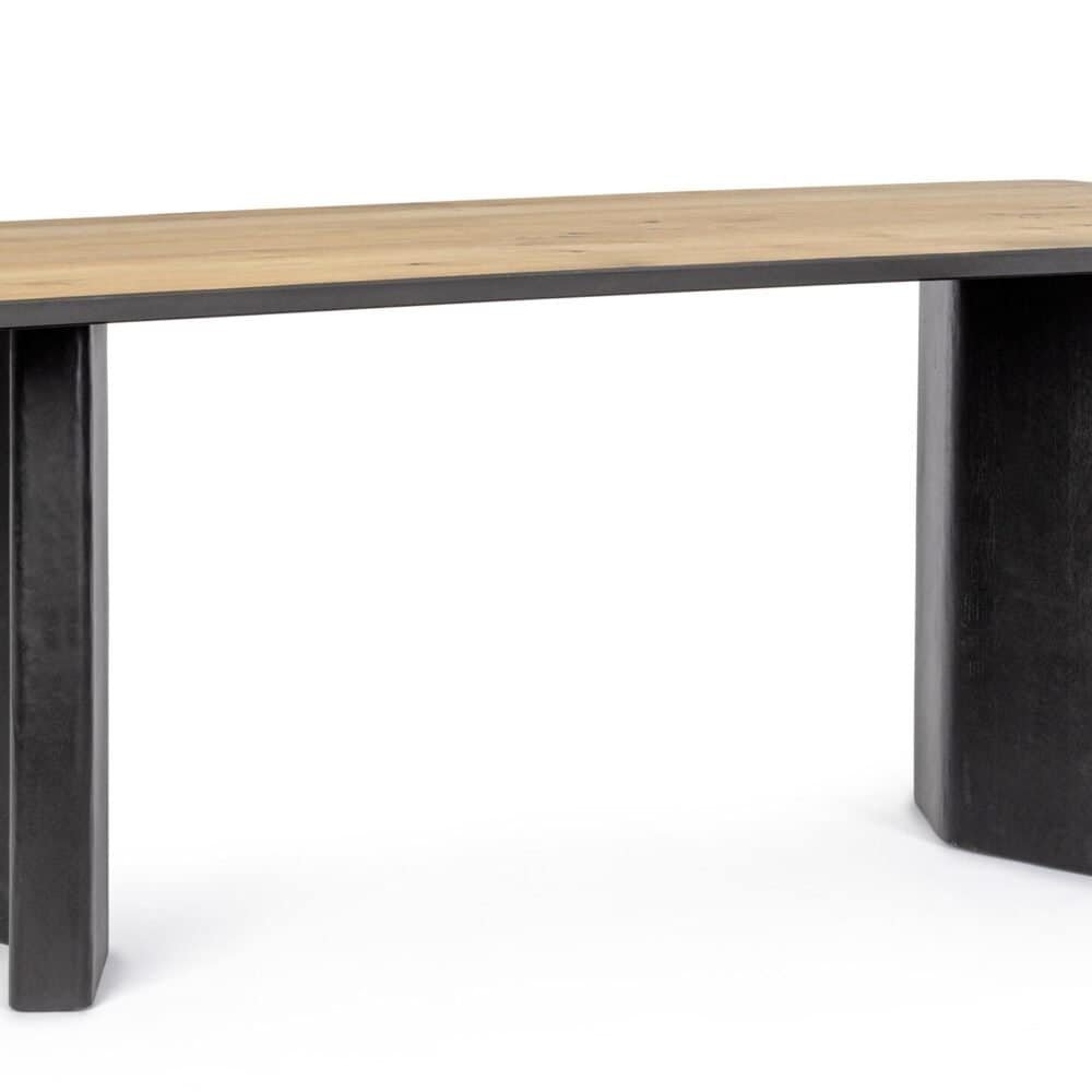 Tavolo in legno con gambe nere stile contemporaneo, perfetto per sala da pranzo o cucina.