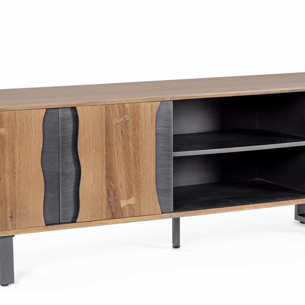 Mobile TV in legno naturale e nero, design moderno e resistente.