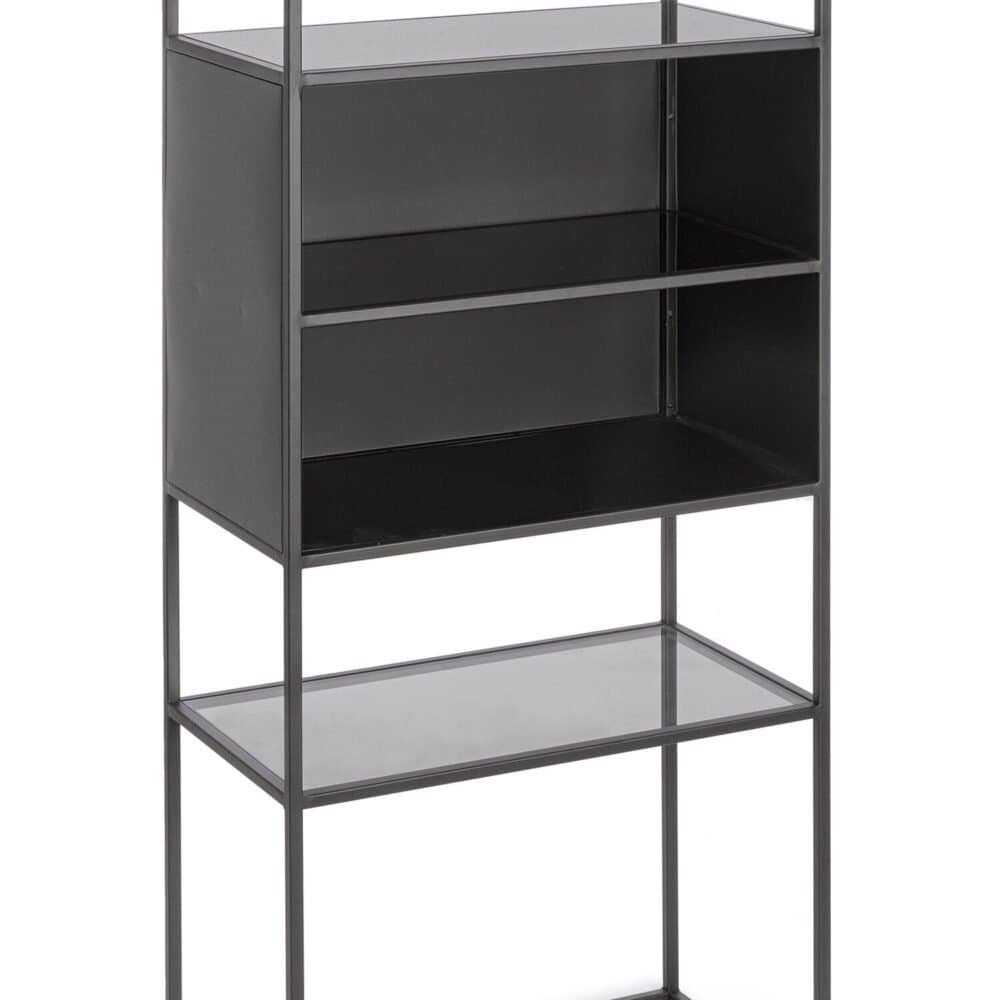 Scaffale con struttura in metallo nero e ripiani in vetro, stile industriale elegante, ideale per decorazioni moderne.