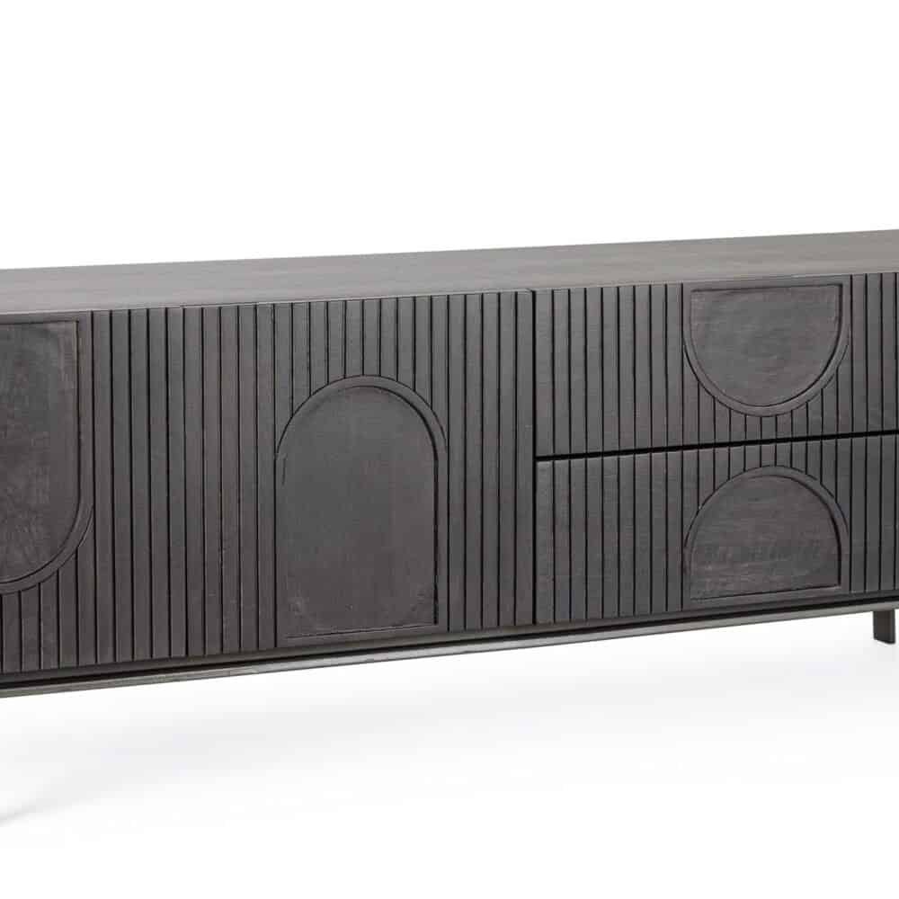 Credenza moderna in legno con dettagli geometrici e finitura scura, perfetta per living e sala da pranzo.