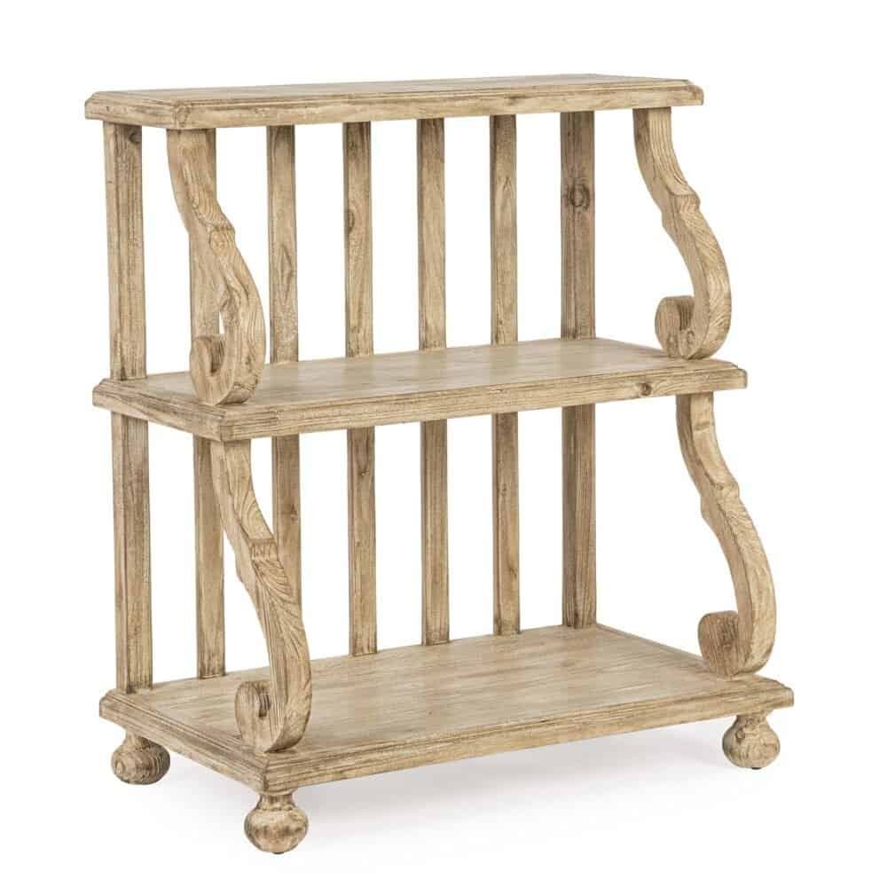 Scaffale in legno naturale con design vintage e bordi curvi, perfetto per arredamento rustico e country house.
