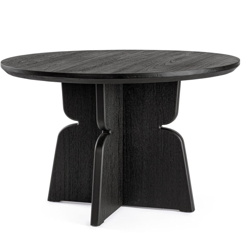 Tavolo in legno nero con design moderno e stile elegante, perfetto per sala da pranzo o soggiorno.