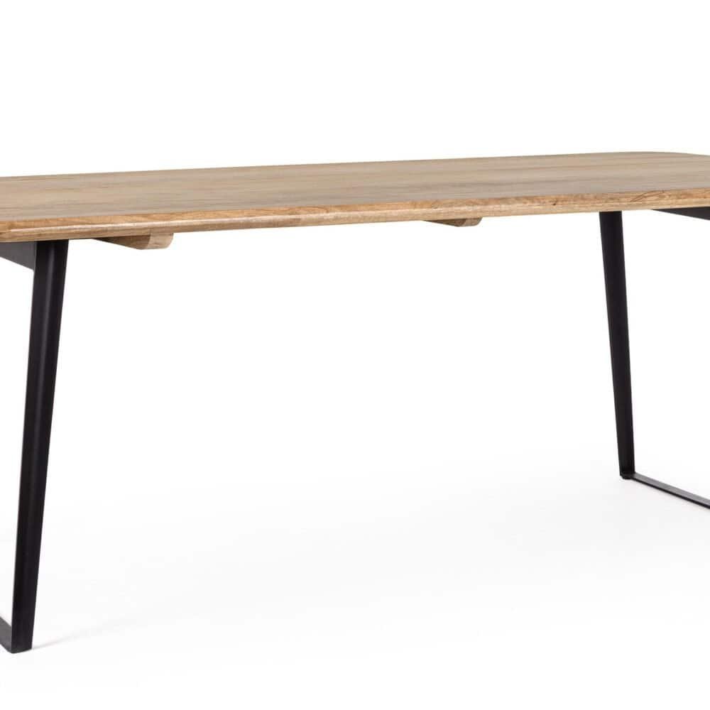Tavolo in legno massiccio con gambe in metallo nero, stile industriale e design moderno.