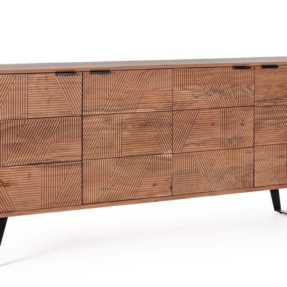 Mobiletto lowboard teak con dettagli geometrici moderni e gambe nere in metallo.