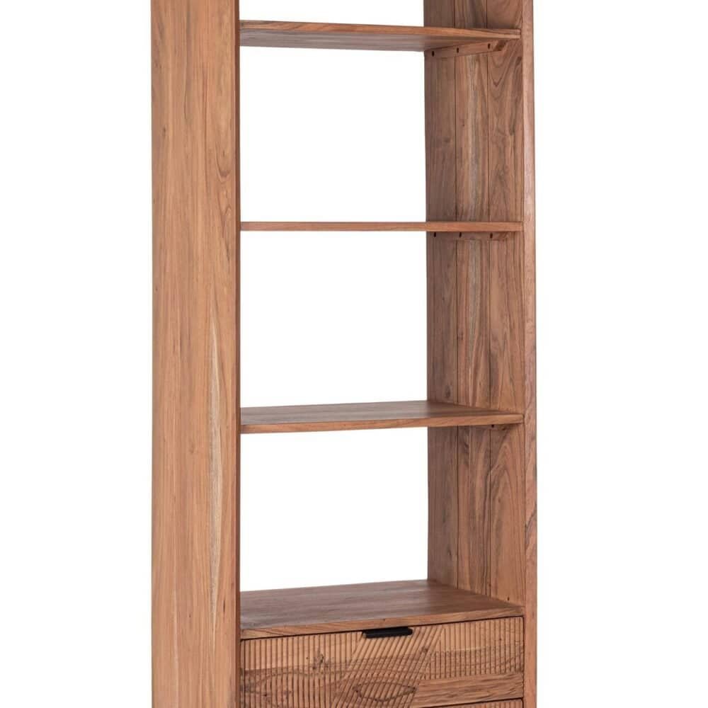 Scaffale in legno massello con 4 ripiani e 2 cassetti, stile contemporaneo e funzionale.
