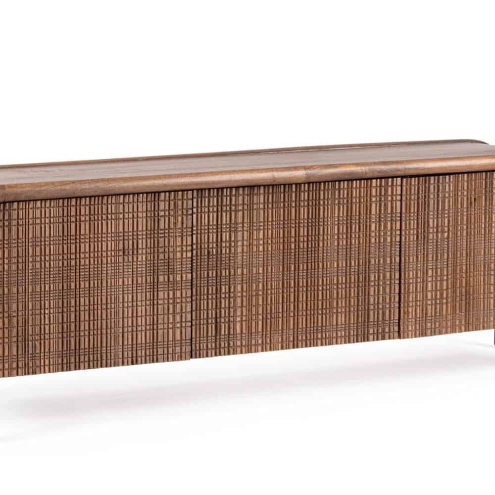 Comodino stile vintage in legno naturale e rattan, moderno e raffinato, perfetto per arredi eleganti.