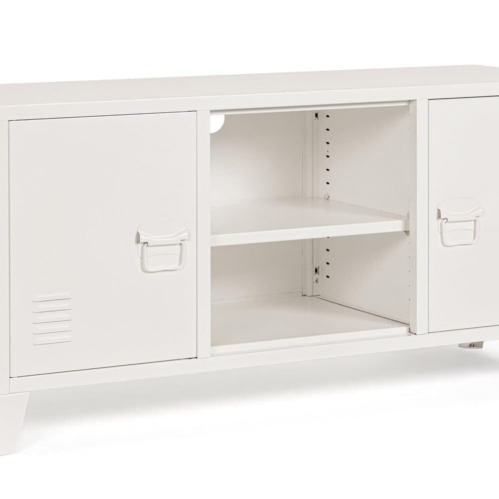 Mobiletto bianco con ante scorrevoli e mensola, stile minimalista e funzionale.