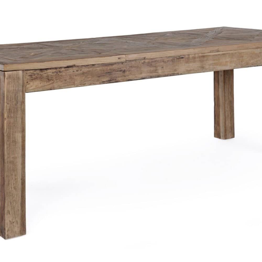 Alt text: Tavolo in legno massiccio dall'aspetto rustico ideale per arredi esterni o interni.