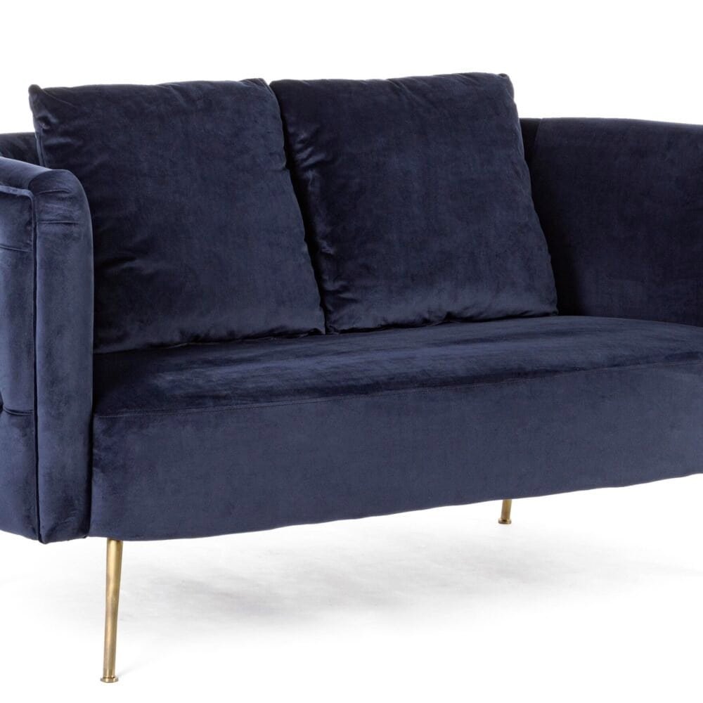 Divano in velluto blu scuro con design elegante, ideale per arredare spazi living di lusso.