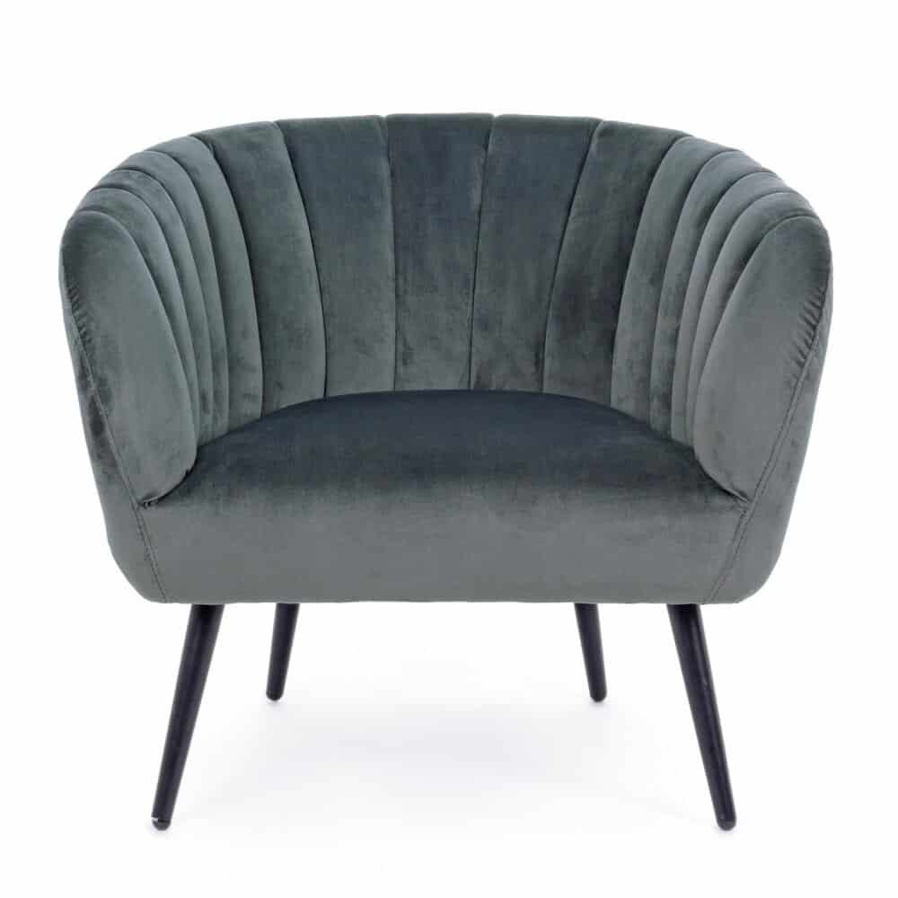 Sedia lounge in velluto grigio elegante e moderna, design comfort con gambe di legno nero. Perfetta per salotti e ambienti di stile.